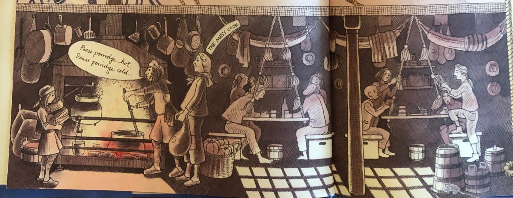 The Endeavour mess deck, illustration by Gavin Bishop from Cook's Cook